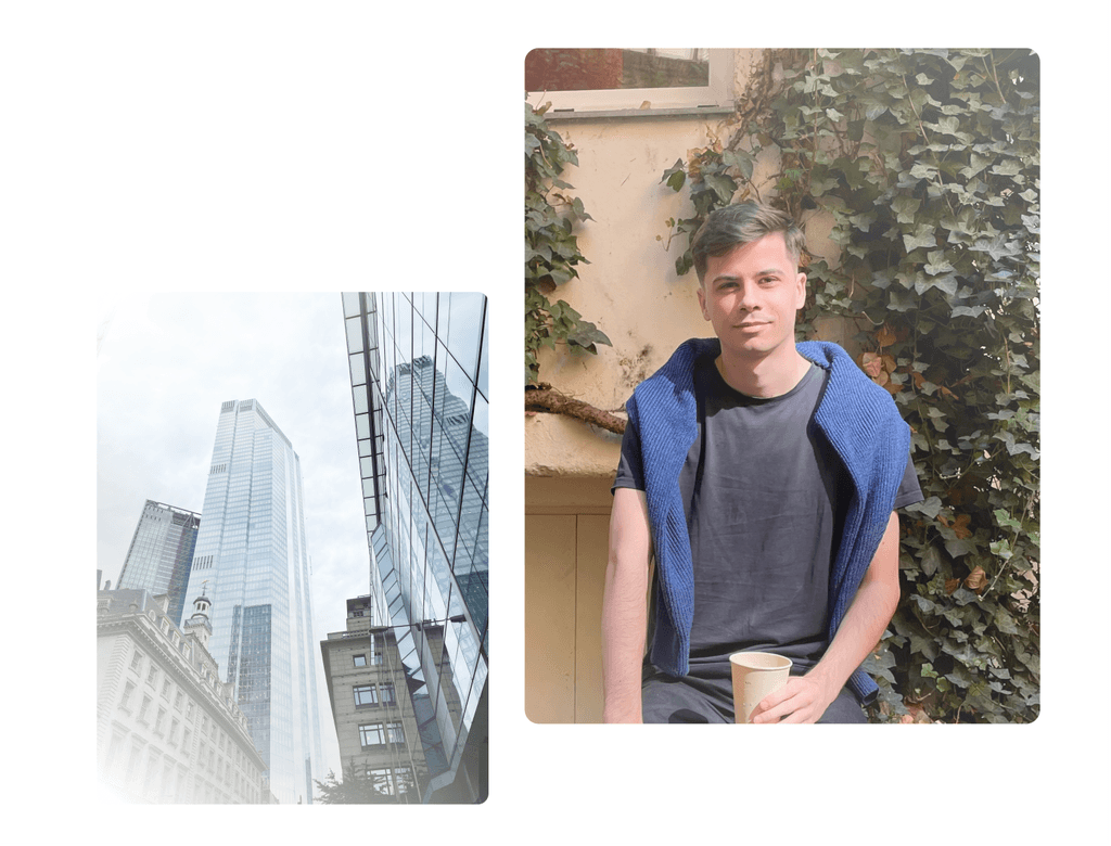 Two images side by side: skyscrapers and a man smiling with a cup of coffee