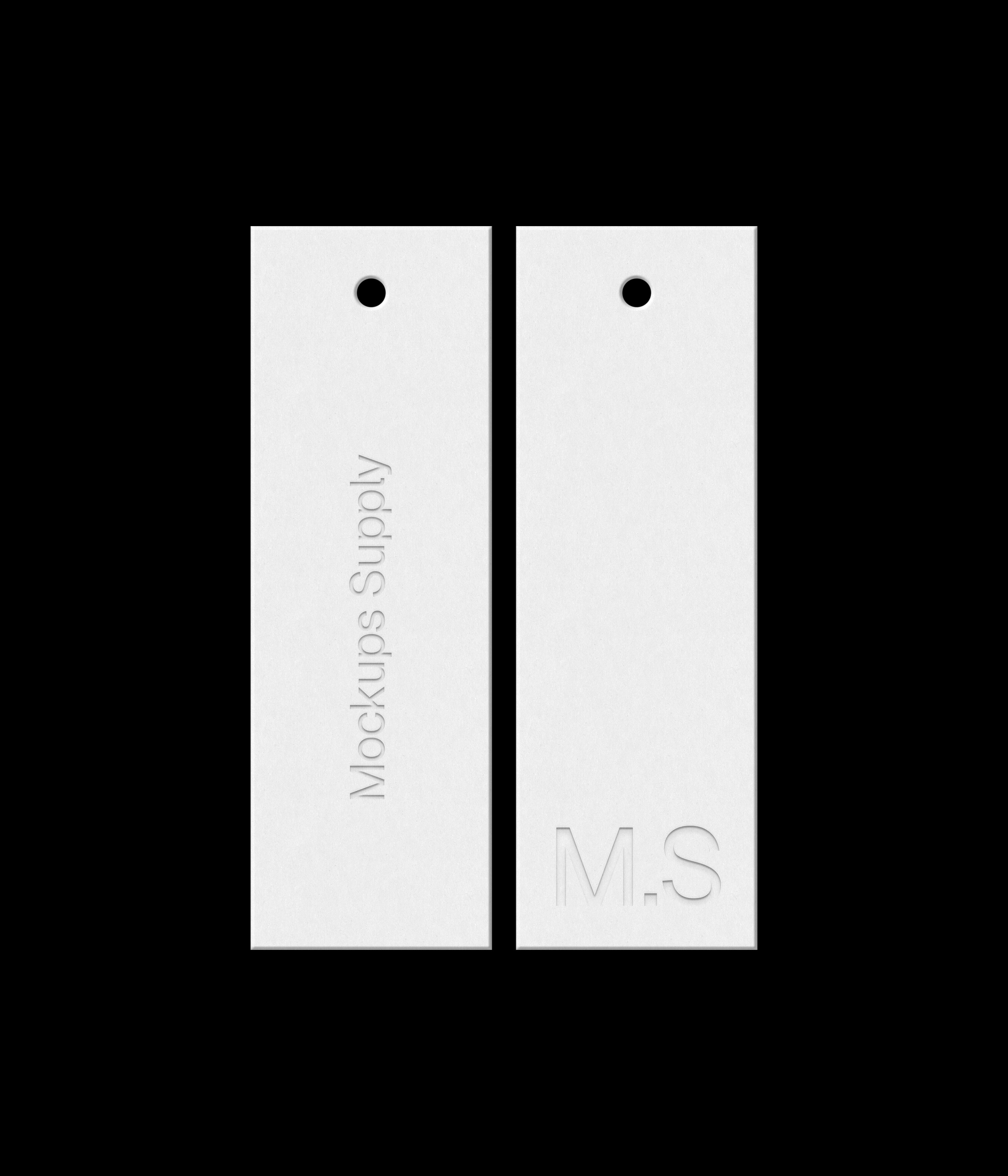 Two white 1x3 vertical hang tags mockup on black background with debossed text effect for Photoshop download psd