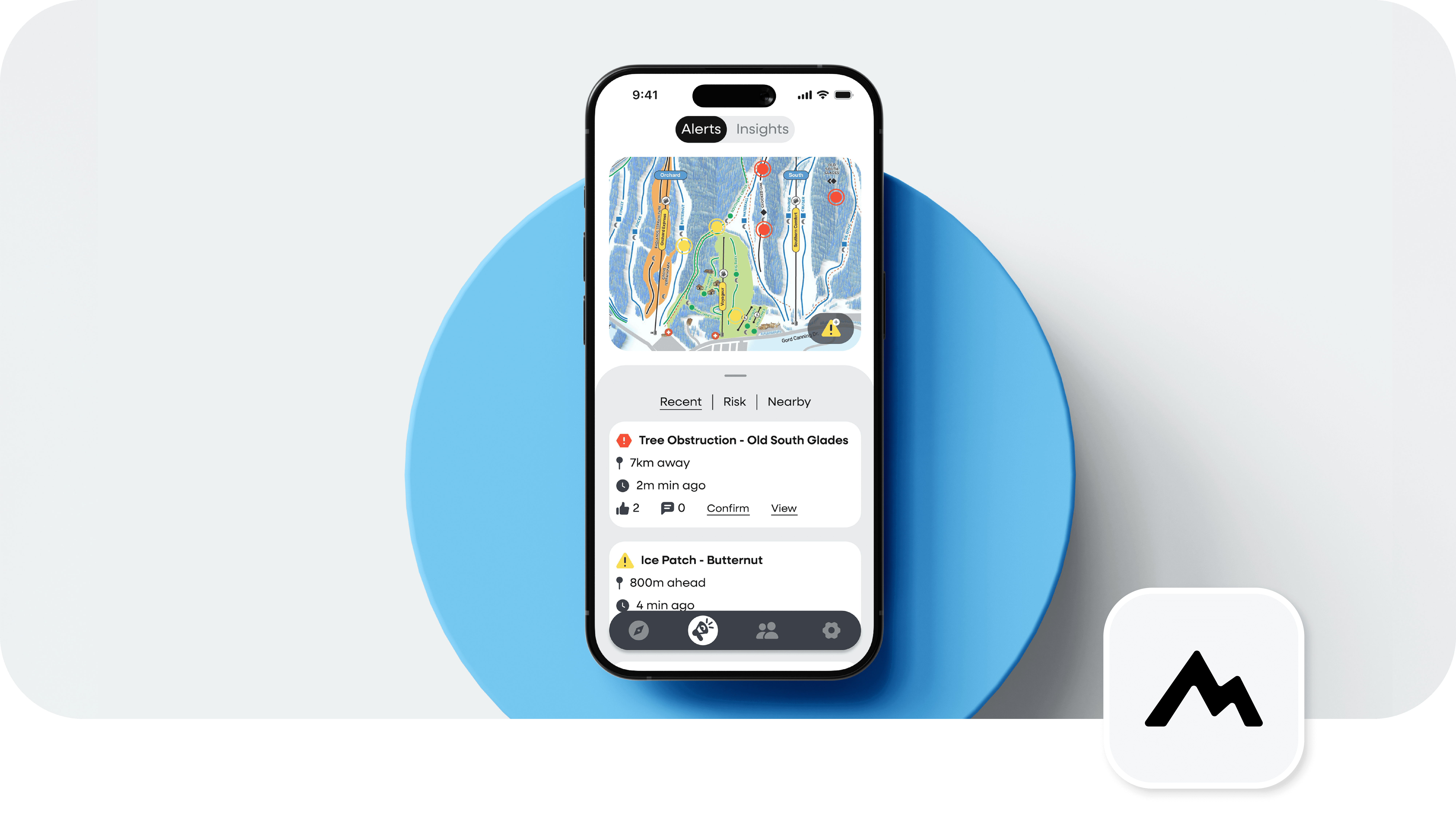 Floating smartphone mockup showing a mountain safety app welcome screen with sign‑up and sign‑in options.