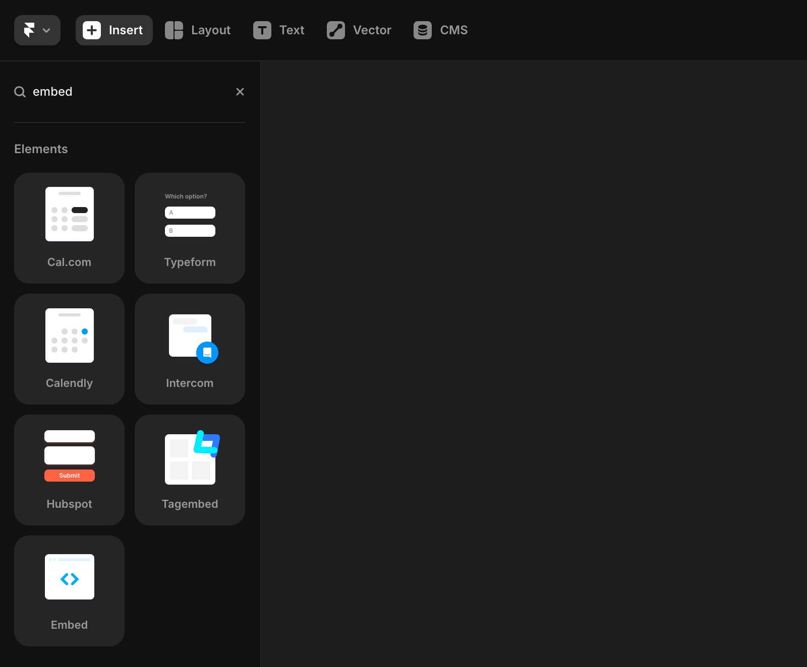 Insert menu showing the different embed elements.