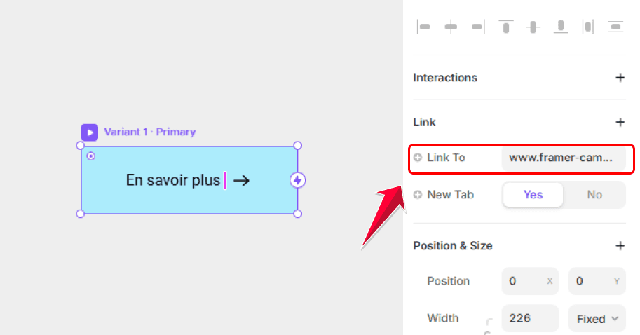 Ajout d’un lien cliquable sur un bouton Framer via les interactions