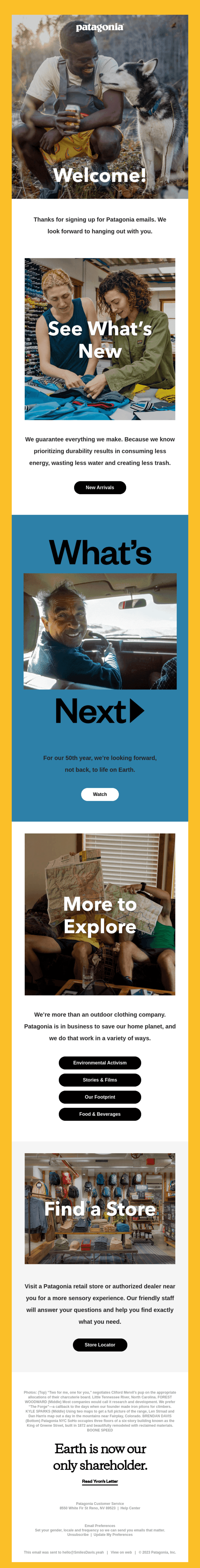 Welcome email from Patagonia with bold yellow accents, showcasing their commitment to sustainability and durable products. Includes store locator and links to new arrivals and environmental activism.
