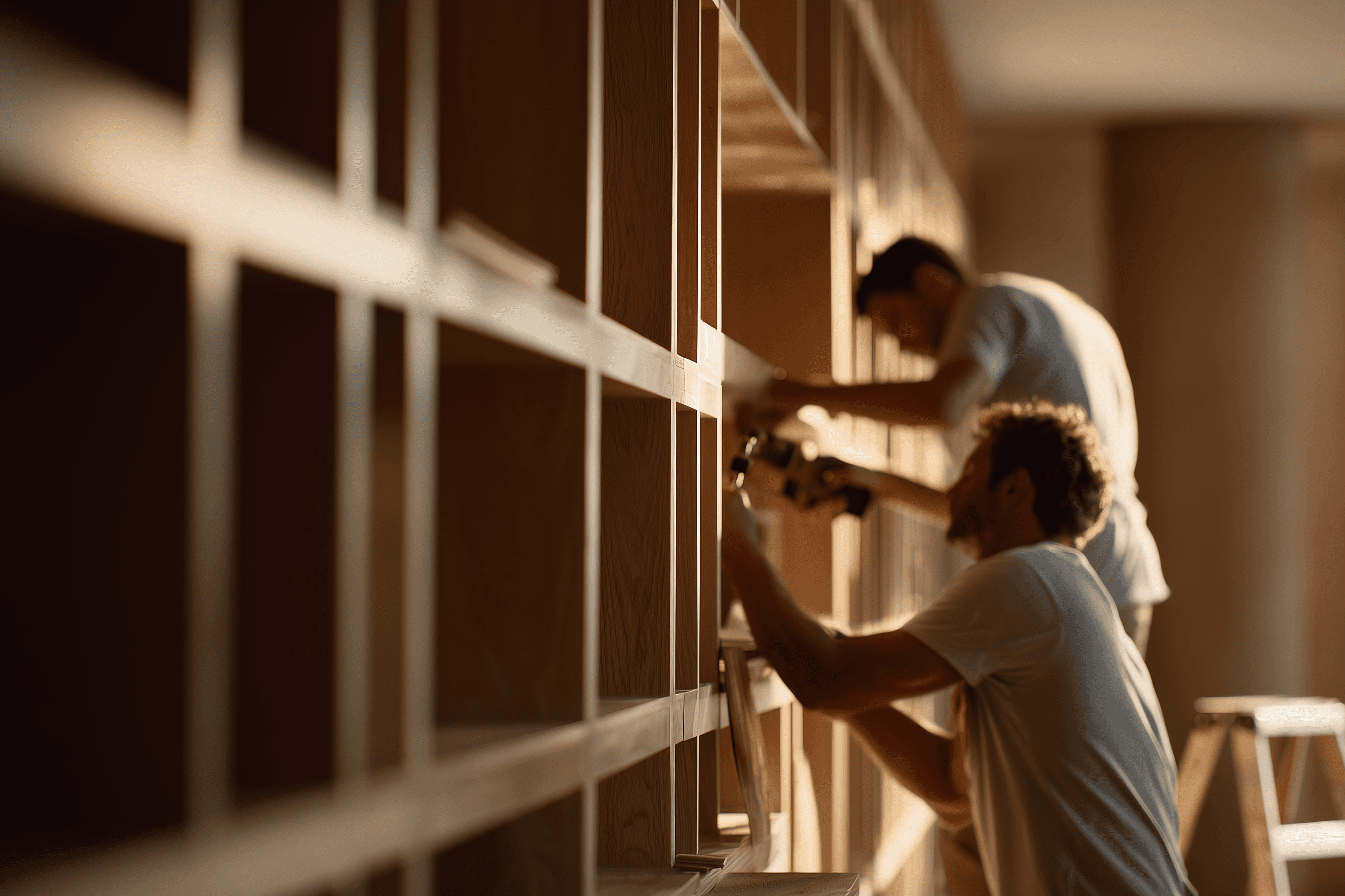 a man standing in front of a display of wooden doors