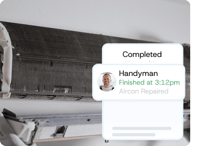 Worker completing a ceiling repair with a pop-up showing “Job Completed – Handyman finished at 3:12pm,” symbolising verified completion and audit trail.