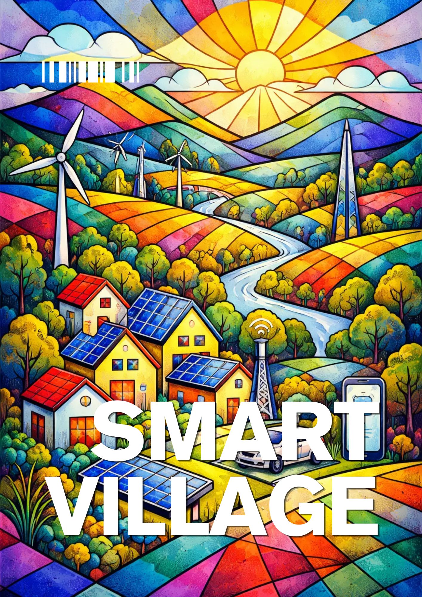 Illustration colorée d’un 'Smart Village' futuriste et écologique au lever du soleil, avec des maisons équipées de panneaux solaires, des éoliennes, des champs verts, des voitures électriques et une connectivité numérique, symbolisant une vie durable et l’innovation technologique.