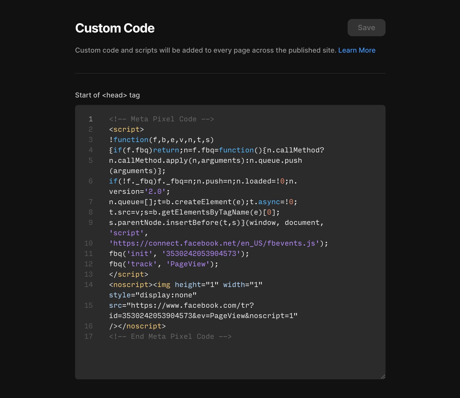 显示用于集成 Meta Pixel 的‘自定义代码’编辑器界面的截图