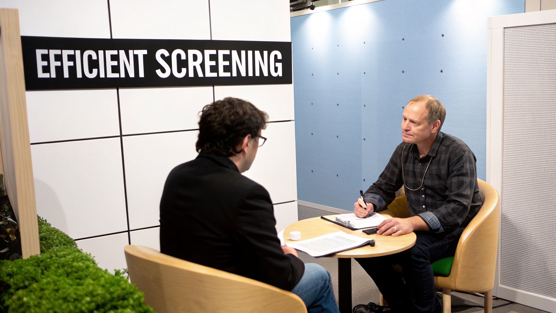 Two men engage in an efficient screening meeting at a round table.