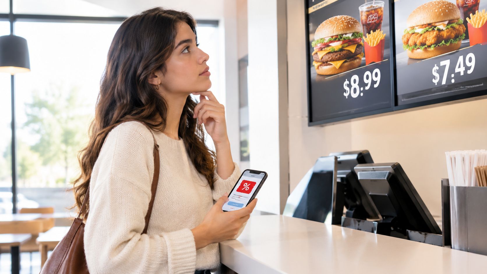 Una mujer joven sostiene su teléfono móvil con un cupón de descuento frente al menú de restaurante.