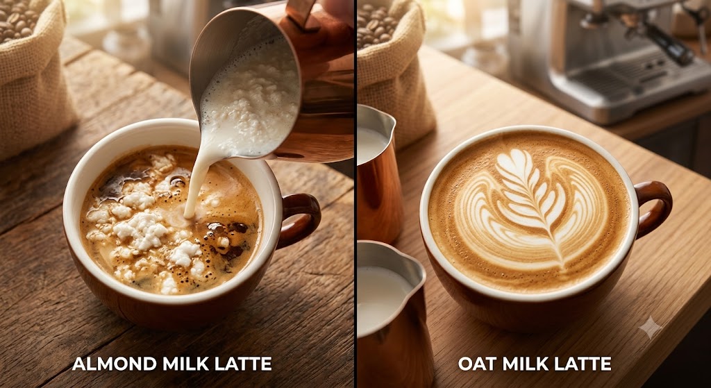 An infographic comparing the performance of almond and oat milk in hot coffee. The split-screen illustrates a 'curdling risk' in almond milk with visible clumps on the left, compared to a 'creamy blend' with perfect latte art in oat milk on the right.