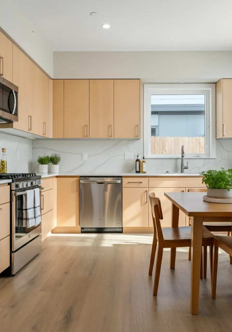 Modern kitchen concept with light wood cabinets, stainless steel appliances, and a dining table in an Calgary home.