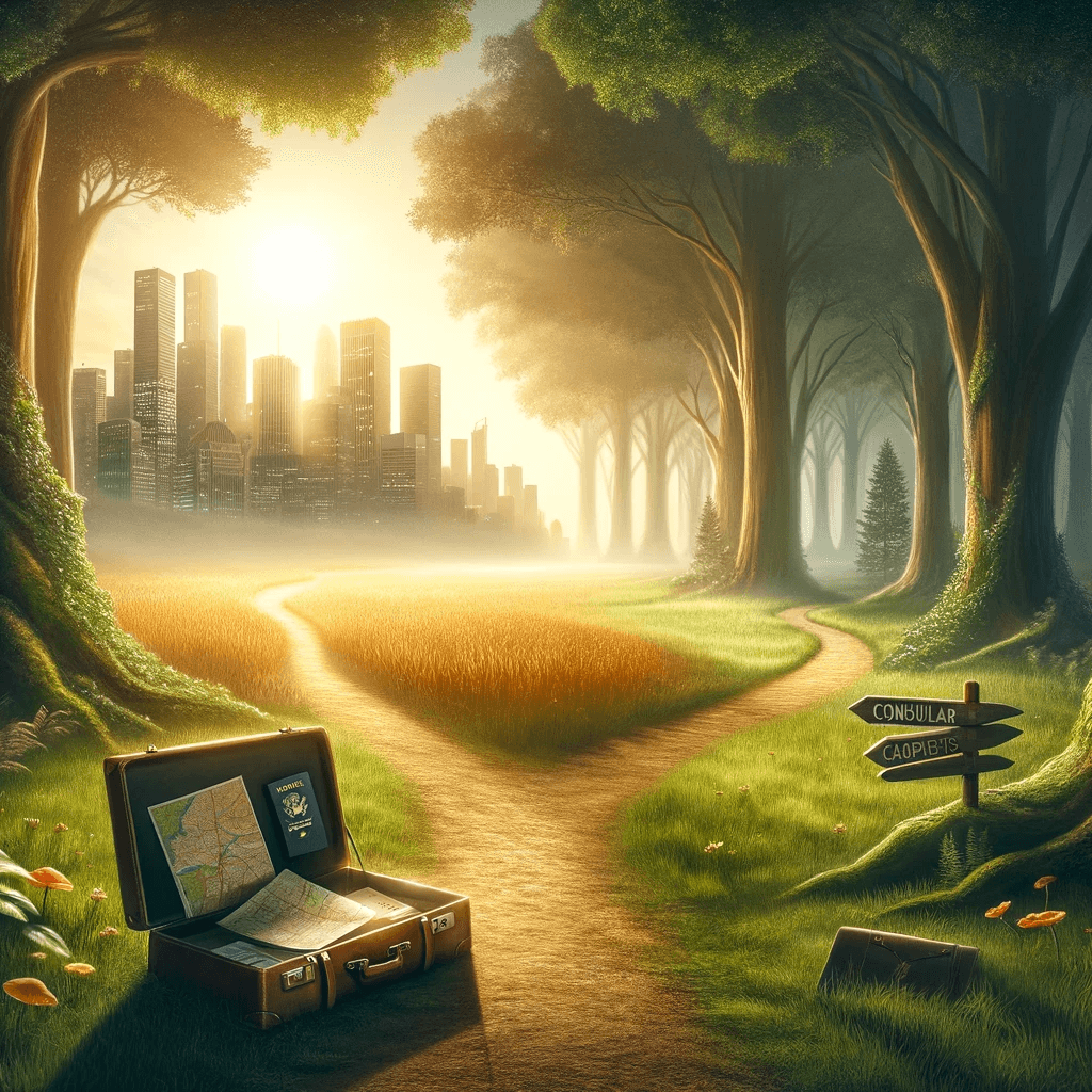 A serene clearing at the junction of two distinct paths: one meanders into a lush forest, symbolizing the journey through Adjustment of Status, while the other stretches towards a distant city skyline, representing Consular Processing. An open vintage suitcase filled with maps, a passport, and legal documents rests at the fork, ready for the traveler's decision, encapsulating the anticipation and preparation involved in navigating immigration pathways.