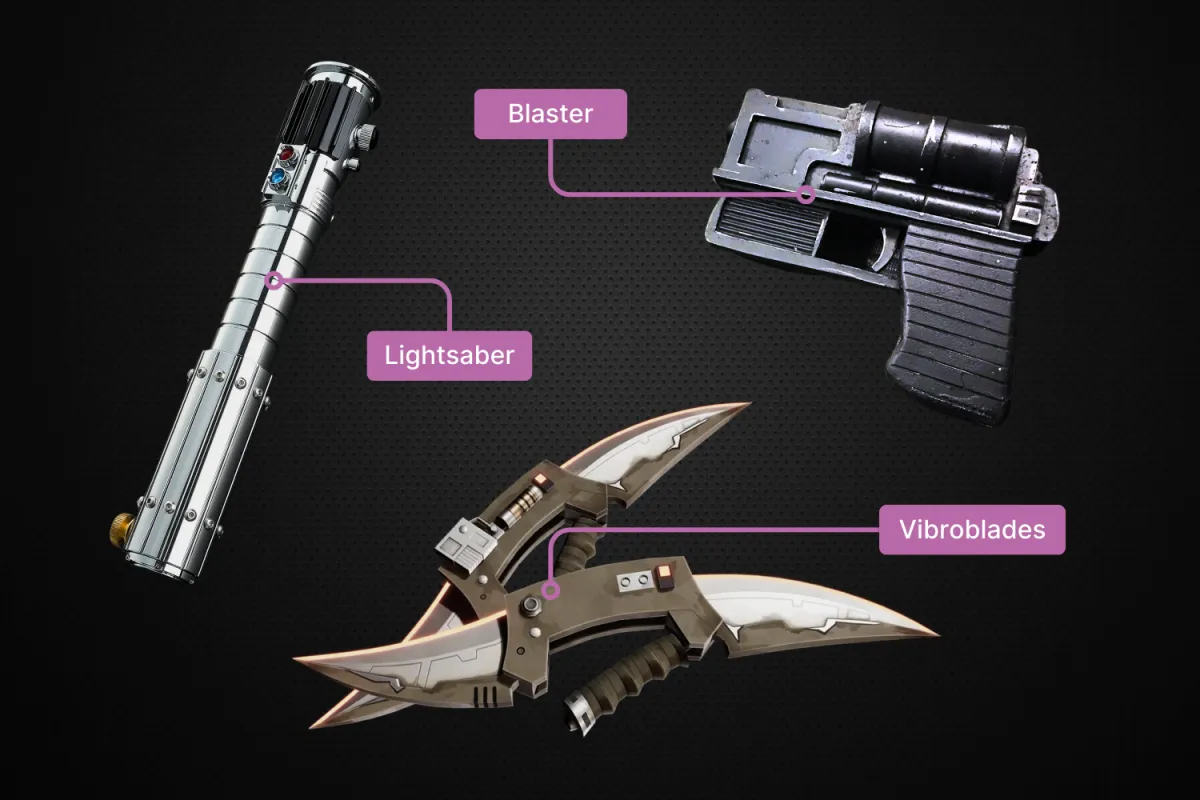 A labeled diagram displaying Mara Jade’s signature weapons: her purple-bladed lightsaber, a compact blaster pistol, and a pair of hidden vibroblades. The image highlights her versatility in combat, showcasing her ability to fight as both an Imperial assassin and a Jedi Master.