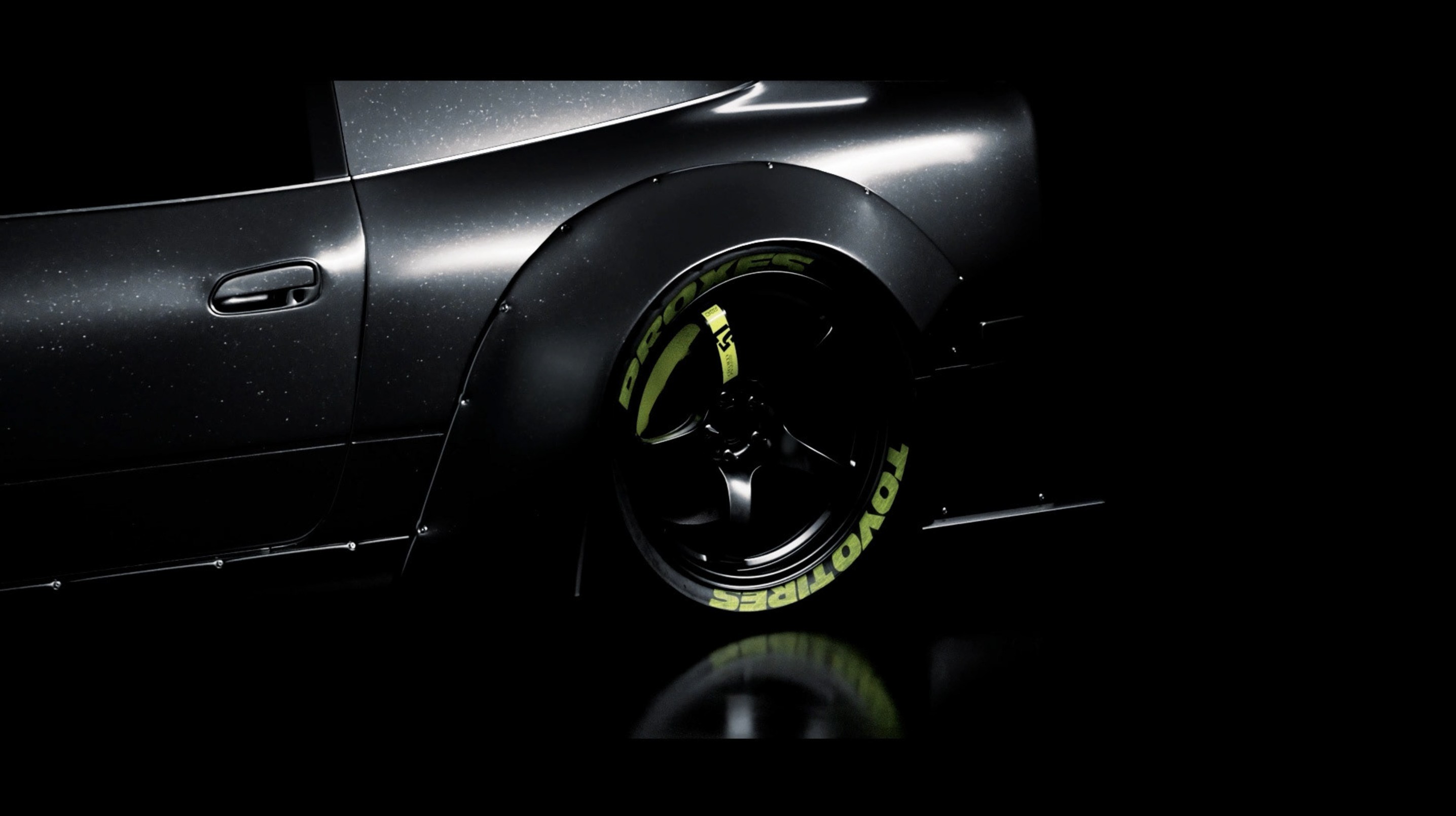 3D-Rendering des Widebody Kits in der Seitenansicht mit Fokus auf Schwellerverbreiterung und Felgendesign