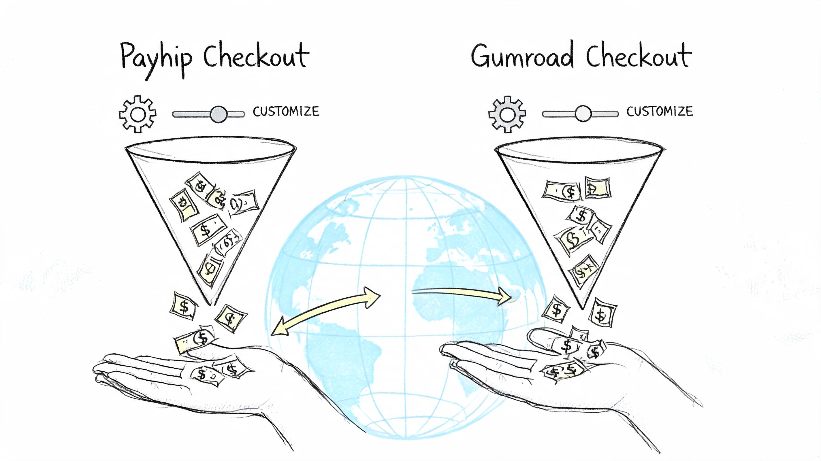 A hand-drawn illustration comparing Payhip and Gumroad checkout conversion funnels with money flowing into hands.