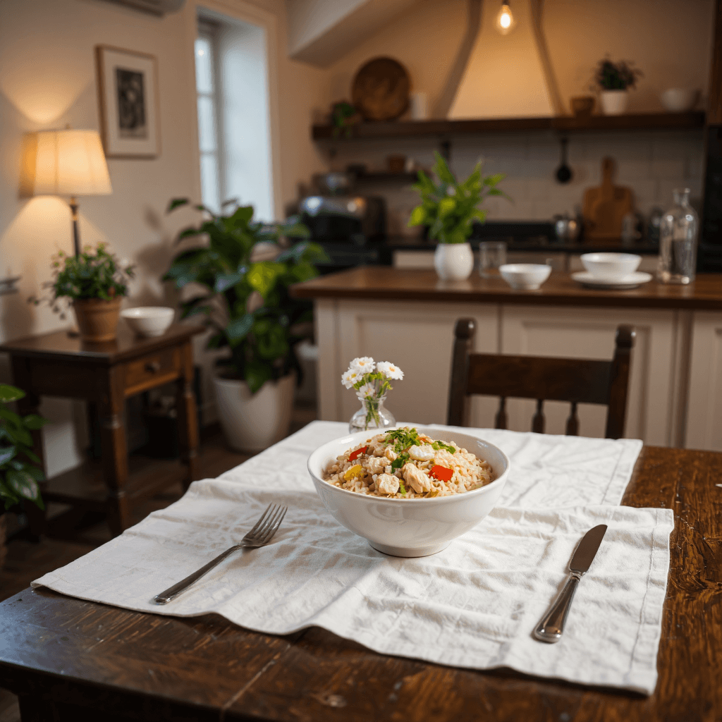 product photography of bowl of chicken and vegetable rice