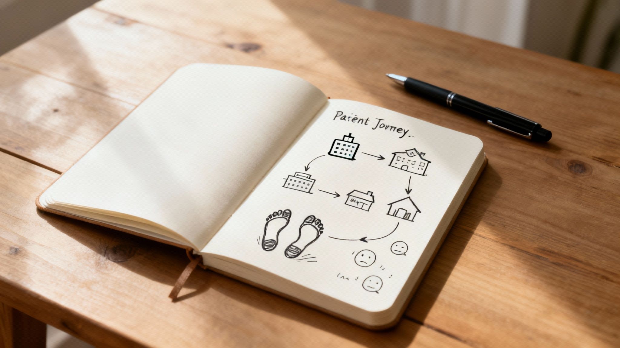 A visual representation of a patient journey map, showing different touchpoints and emotional states.