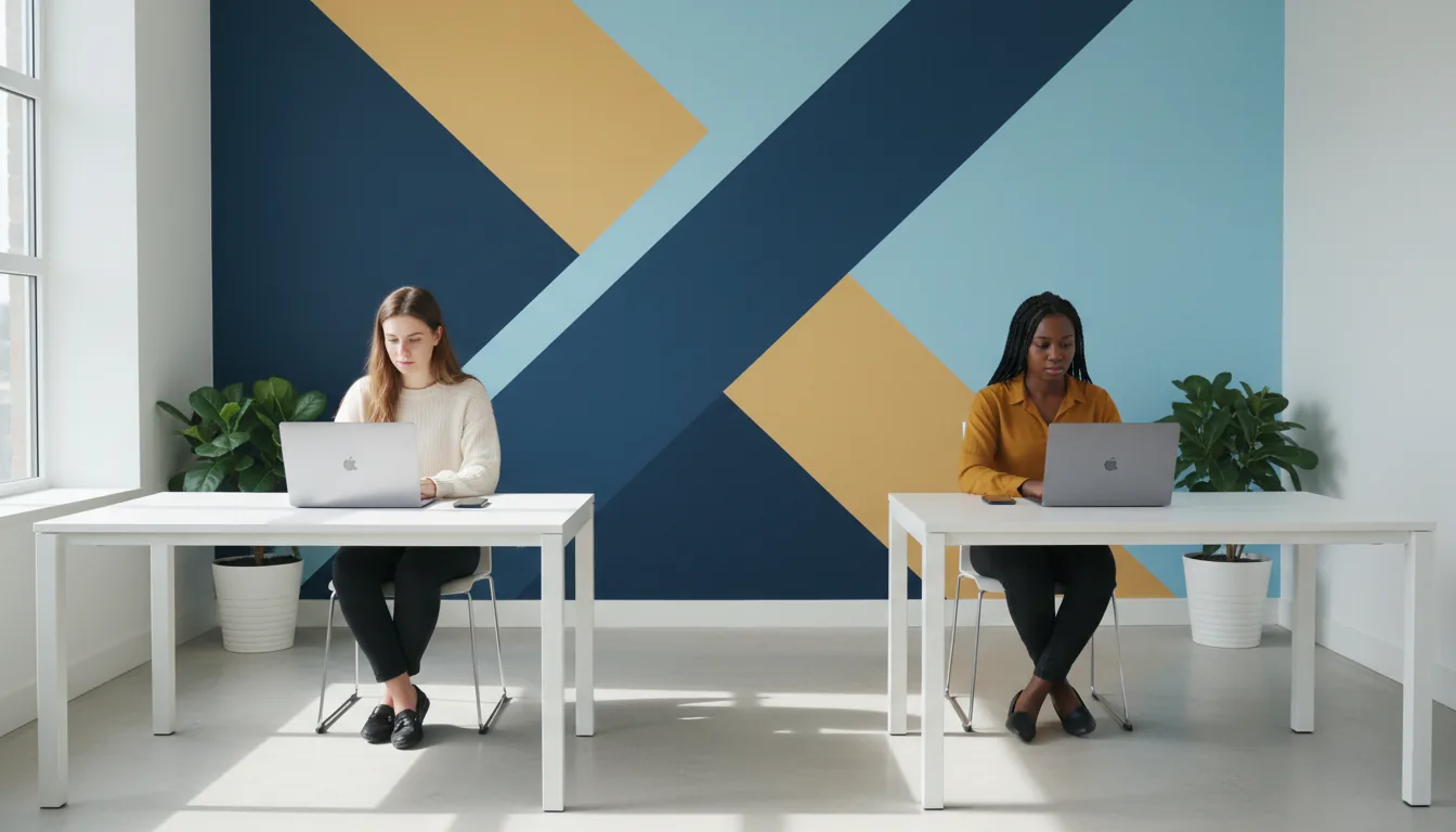 DSLR photography of a modern office interior with bright, natural daylight. Two women, one Caucasian with long brown hair and one African American with braids, work focused on silver laptops at separate, minimalist white desks. The background is a feature wall with a large, geometric color-block mural painted in diagonal sections of dark navy blue, pale blue, and mustard yellow. Eye-level medium shot, symmetrical composition, sharp focus.