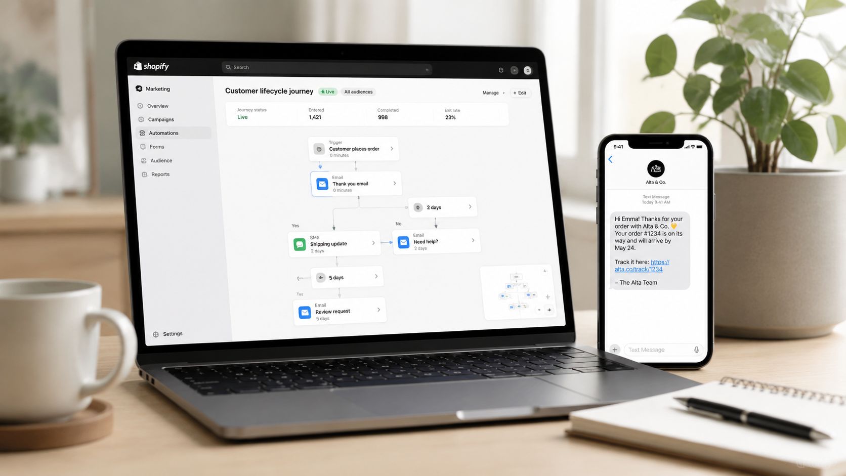 A laptop displaying a Shopify customer lifecycle automation workflow next to a smartphone showing a text message.