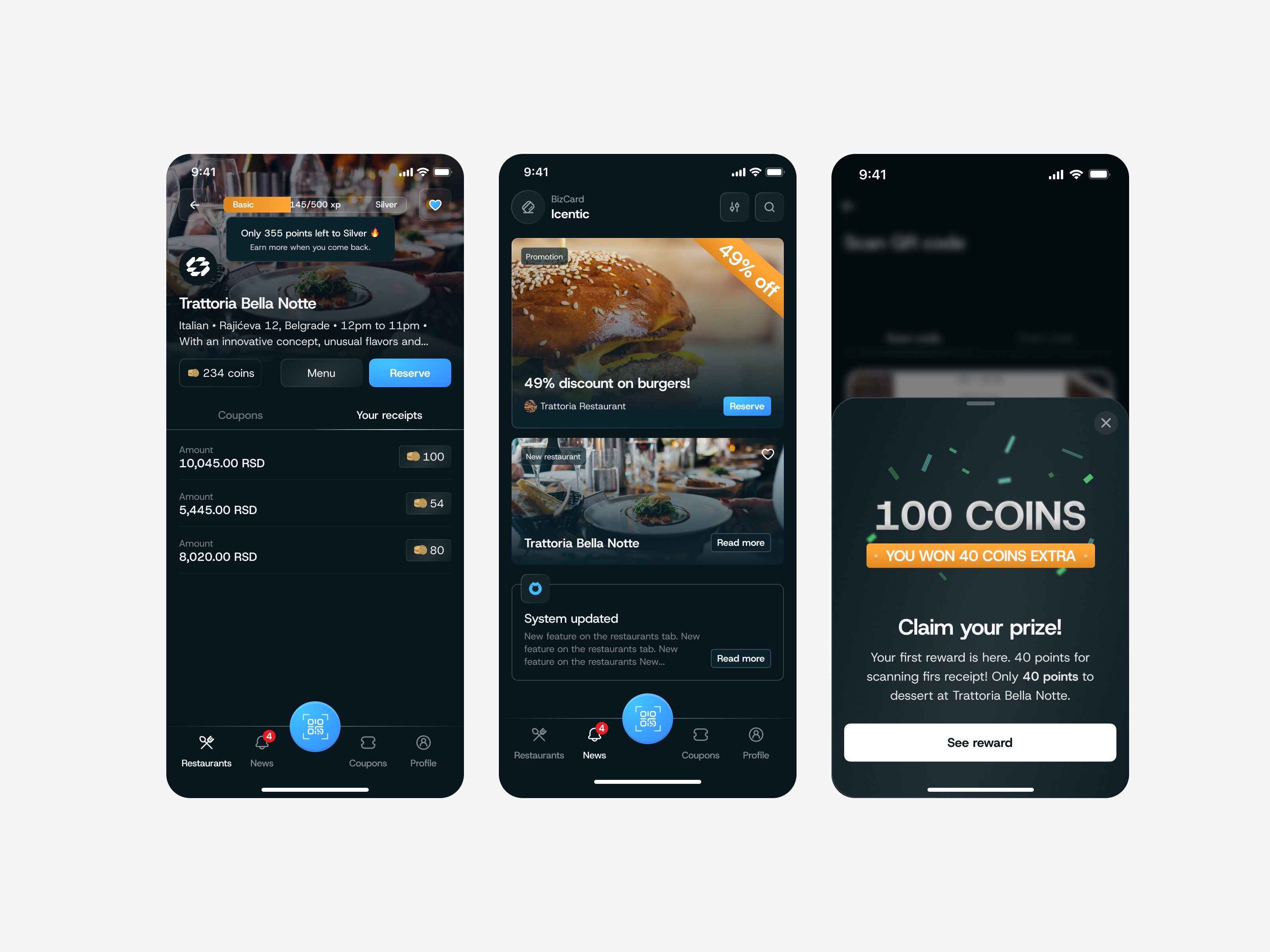 Restaurant loyalty app interface – Loyaleaty rewards and experience levels design