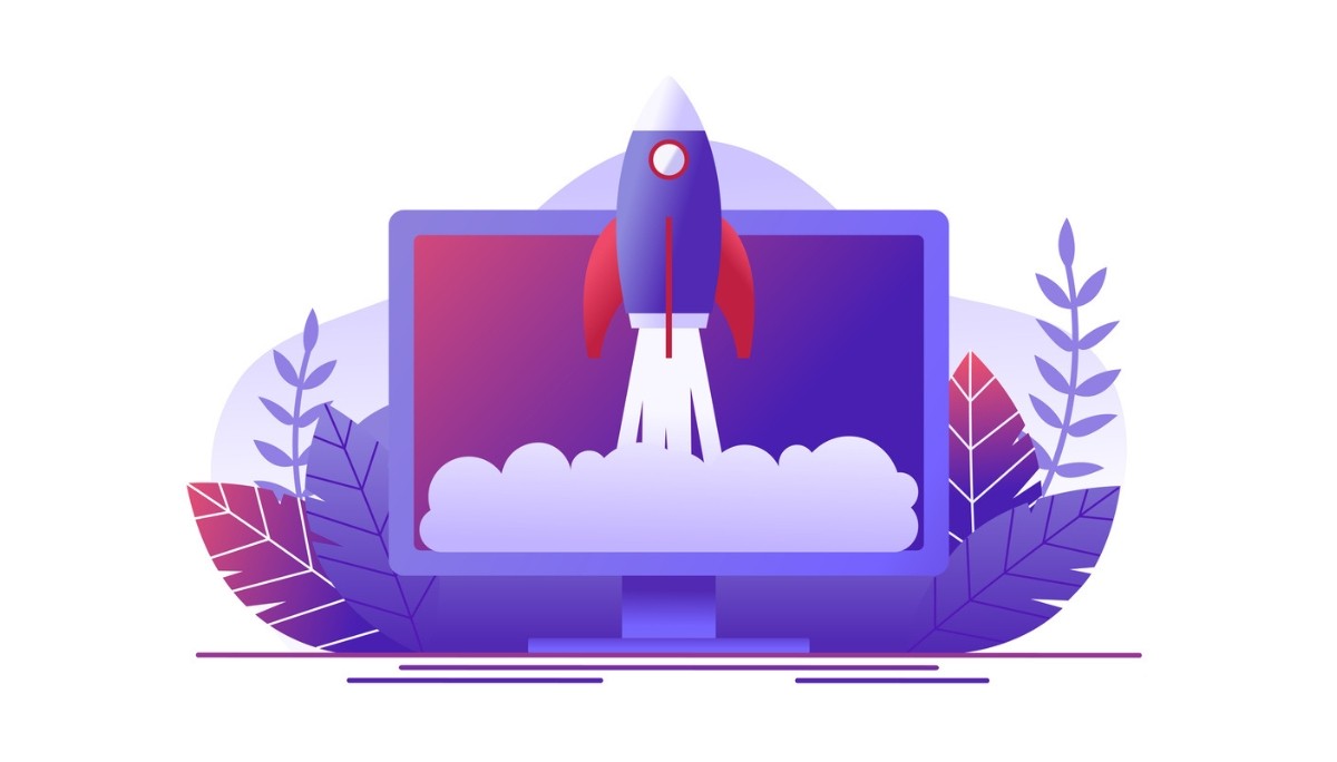 Illustration of a rocket launching out of a computer monitor, surrounded by abstract digital elements, symbolizing the early‑stage momentum, secrecy, and rapid growth associated with stealth startups and their hiring strategies in 2026.