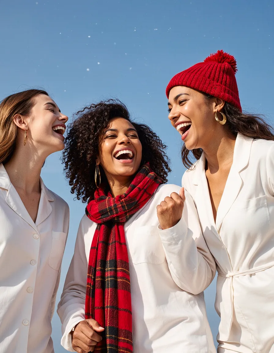 Three women laughing together in white outfits with red winter accessories against blue sky