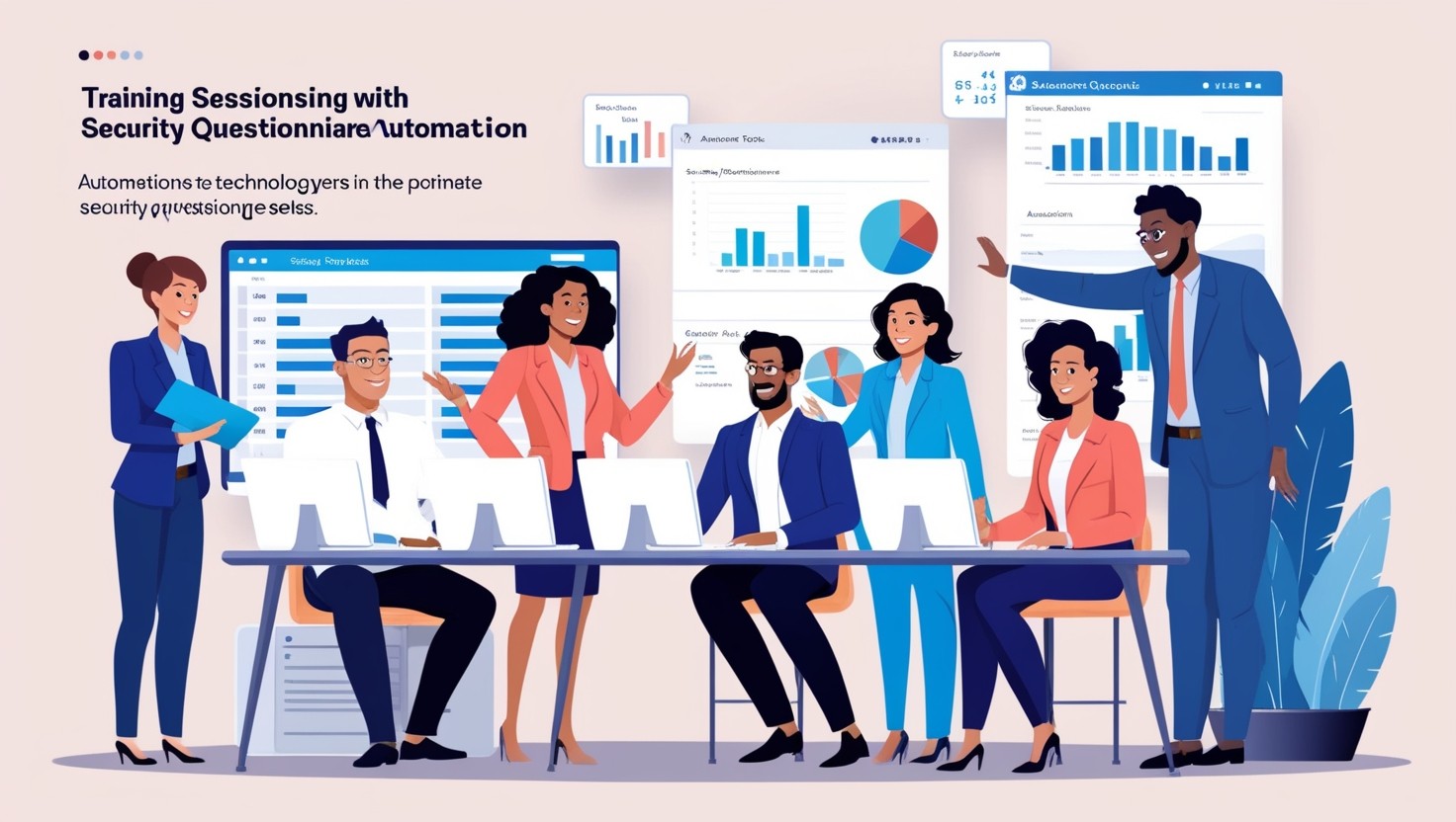 Team training session for successful security questionnaire automation with professionals using computers and data charts.