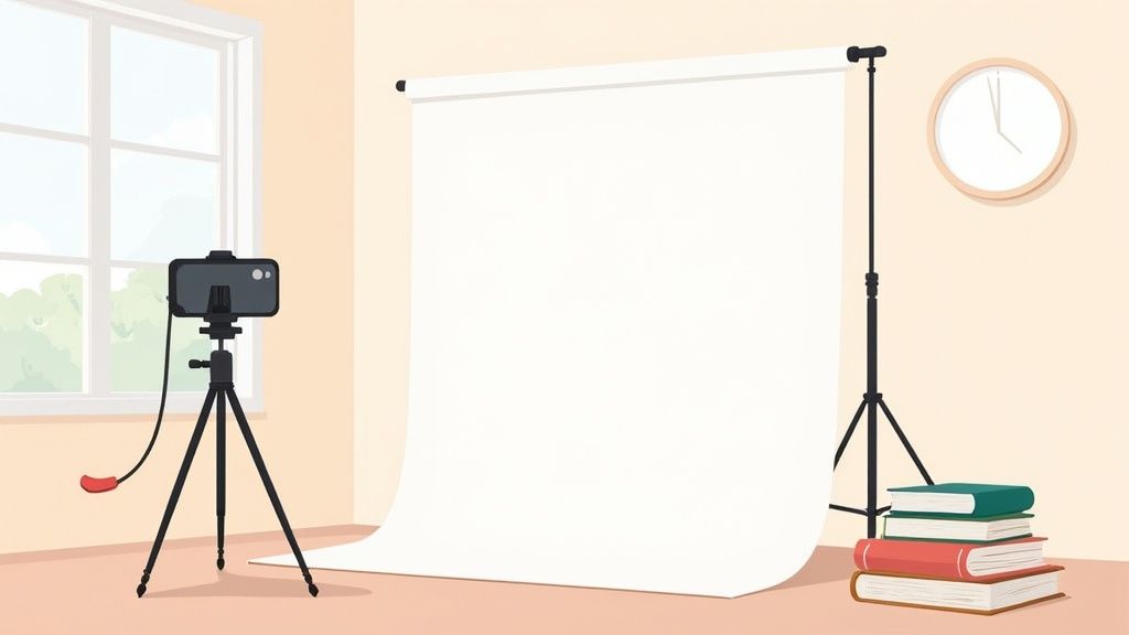 Ein Heimstudio mit Smartphone auf Stativ, weißem Hintergrund und Büchern für DIY-Fotos.