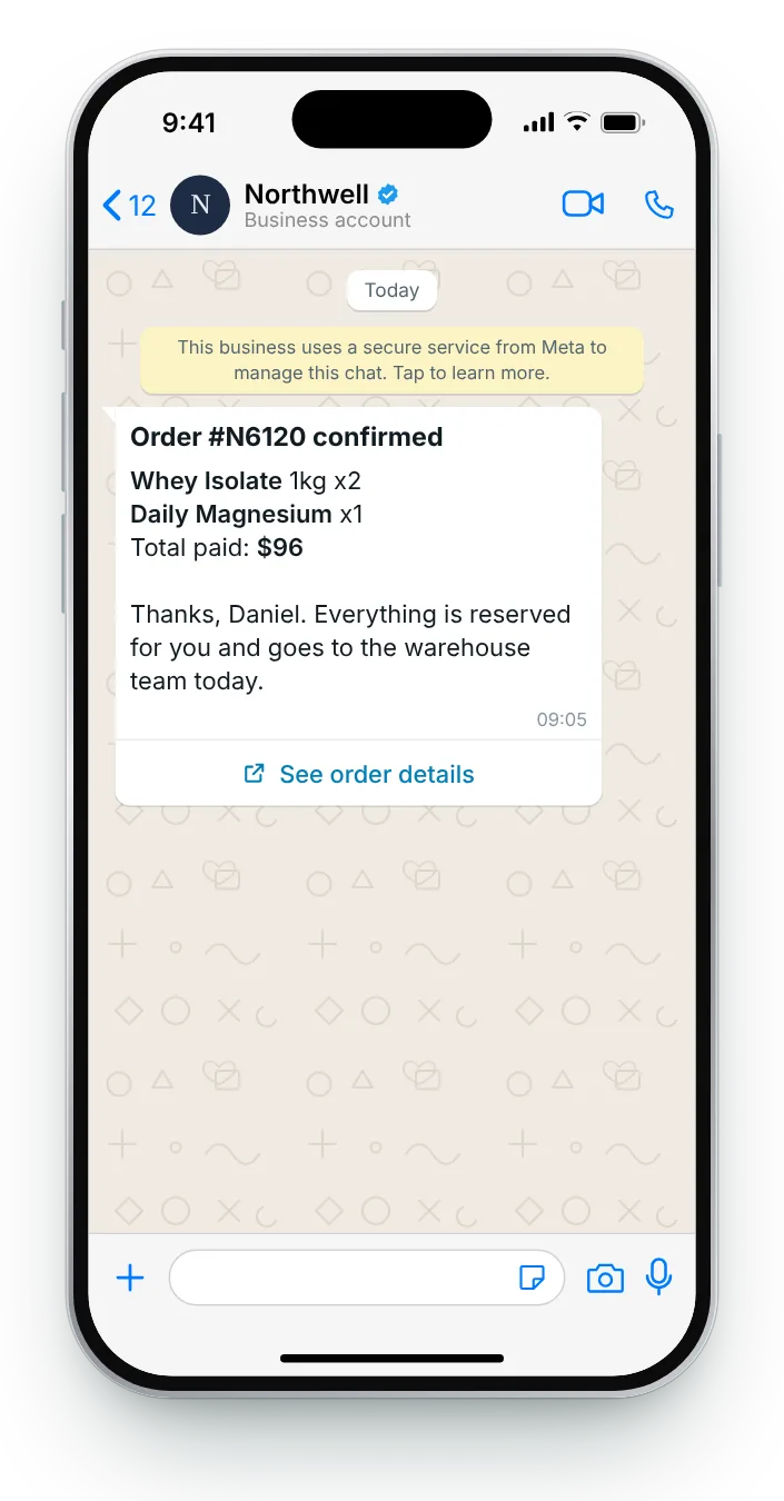 Every line of the basket, listed: WhatsApp order confirmation on an iPhone
