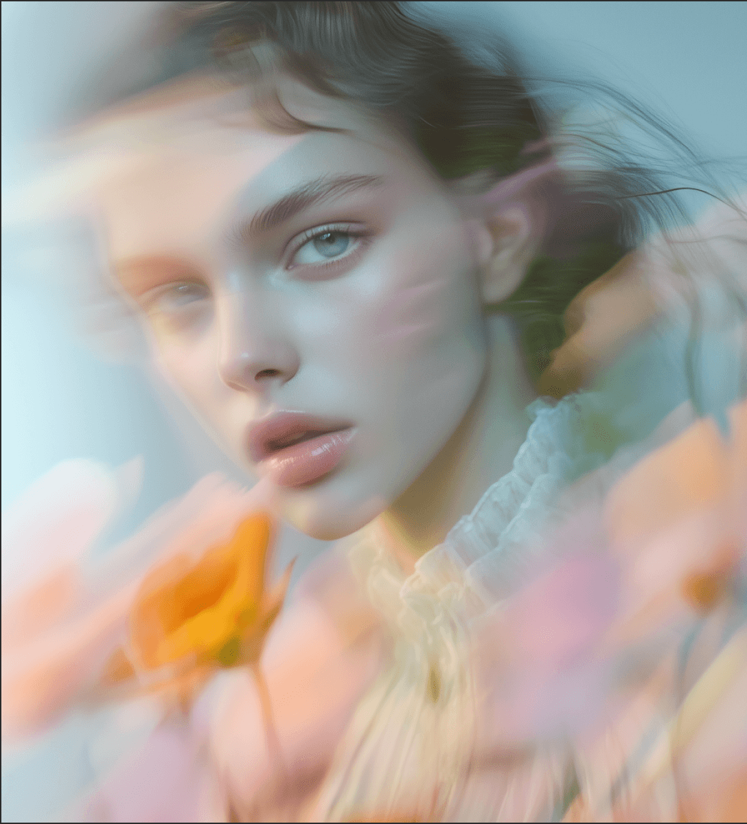 A woman with long hair poses gracefully against a backdrop of colorful flowers, highlighting her connection to nature.