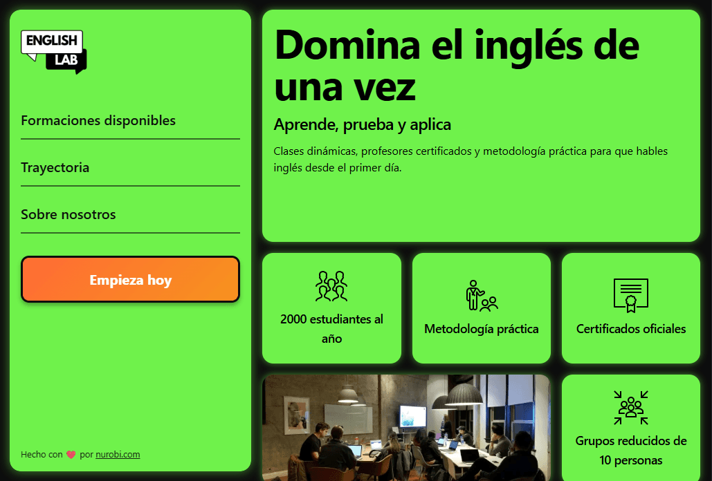 Captura de pantalla de la página web English Lab