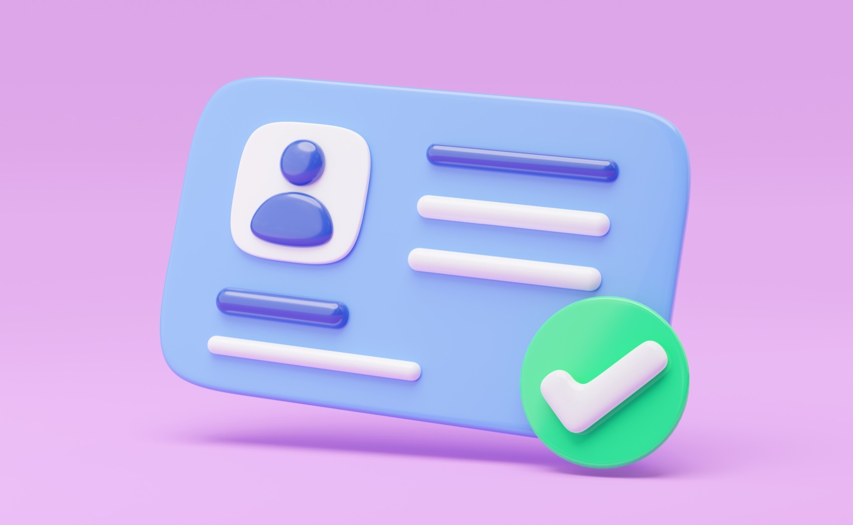 3D icon of a stylised identity card with a green check on a pastel pink background