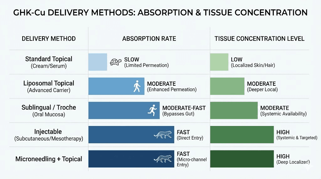 GHK-Cu peptide delivery methods comparison chart