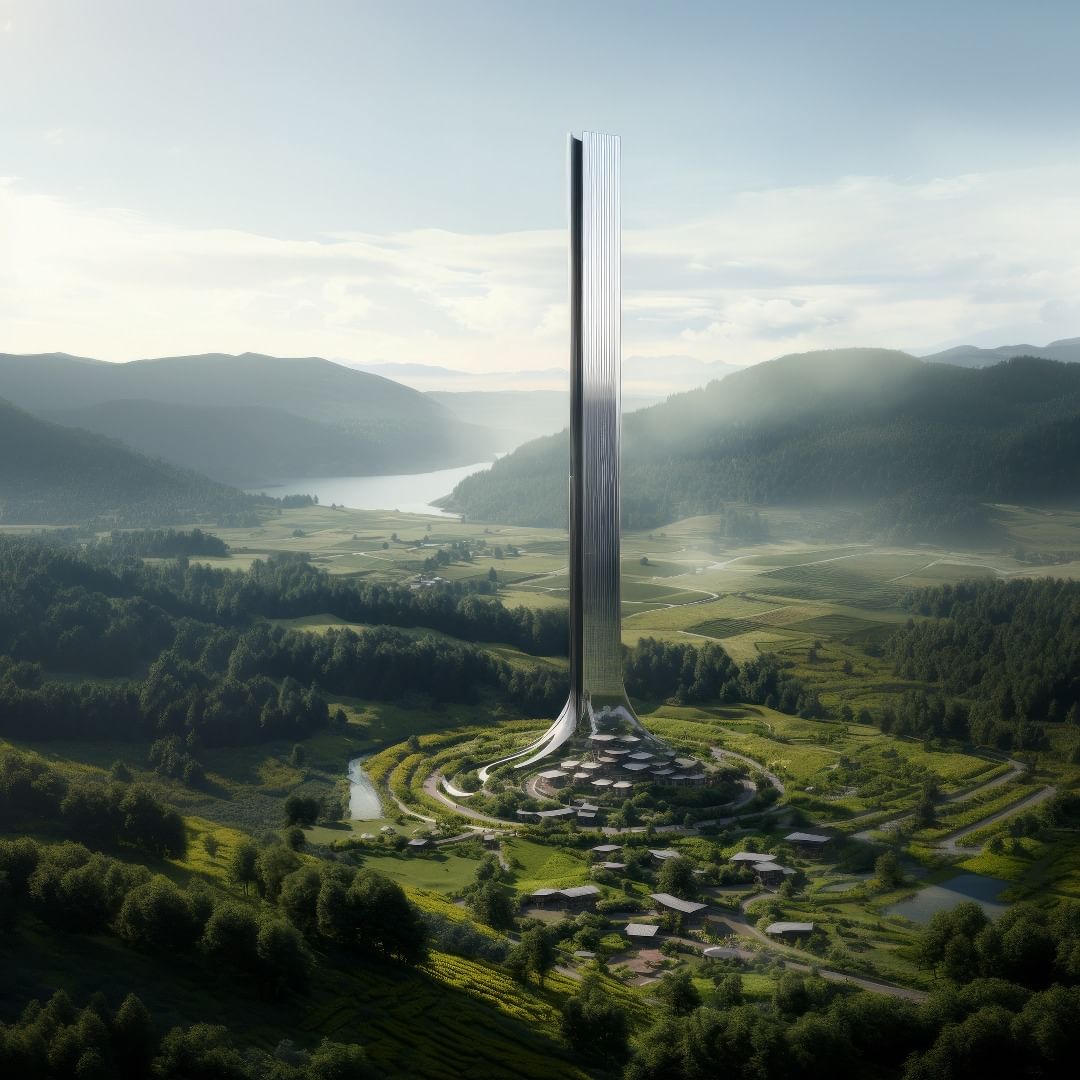 Sleek, slender tower rising above a curvy, verdant landscape.- Will Garner x Midjourney