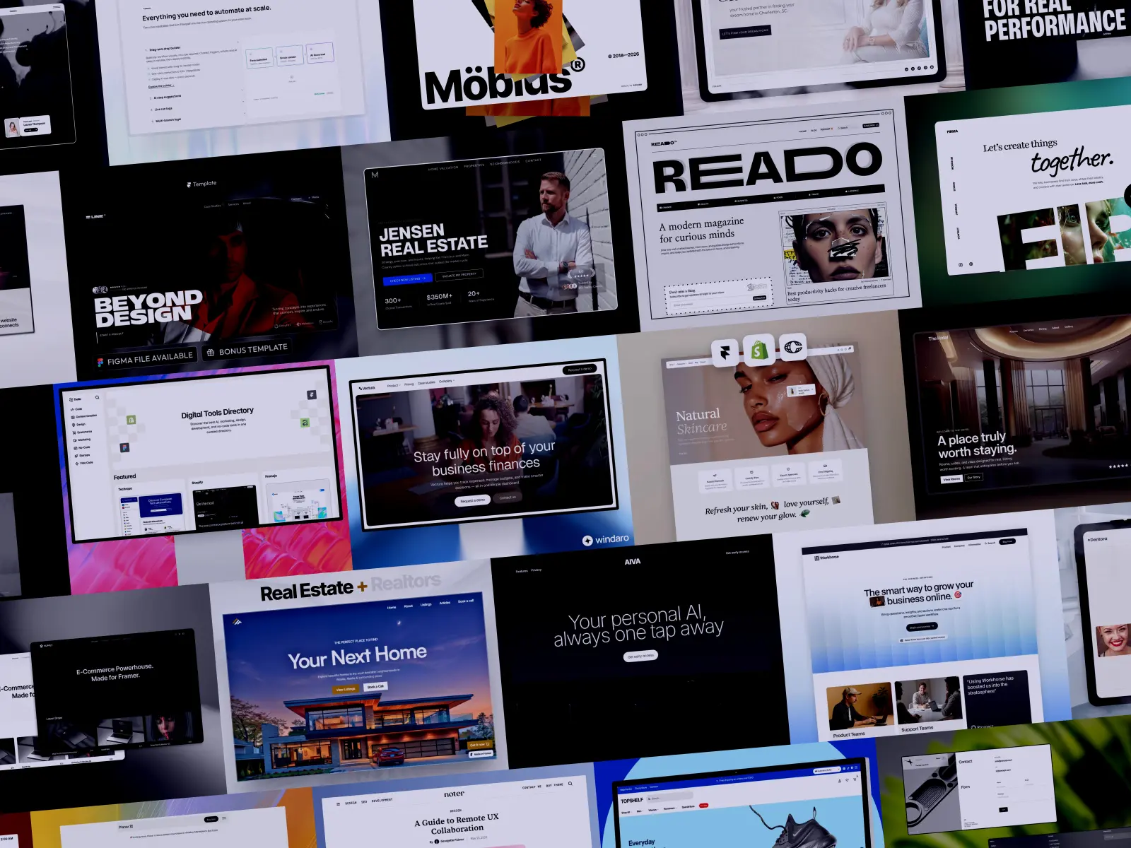 Collage of Framer template previews featured in GYFT’s 2026 guide