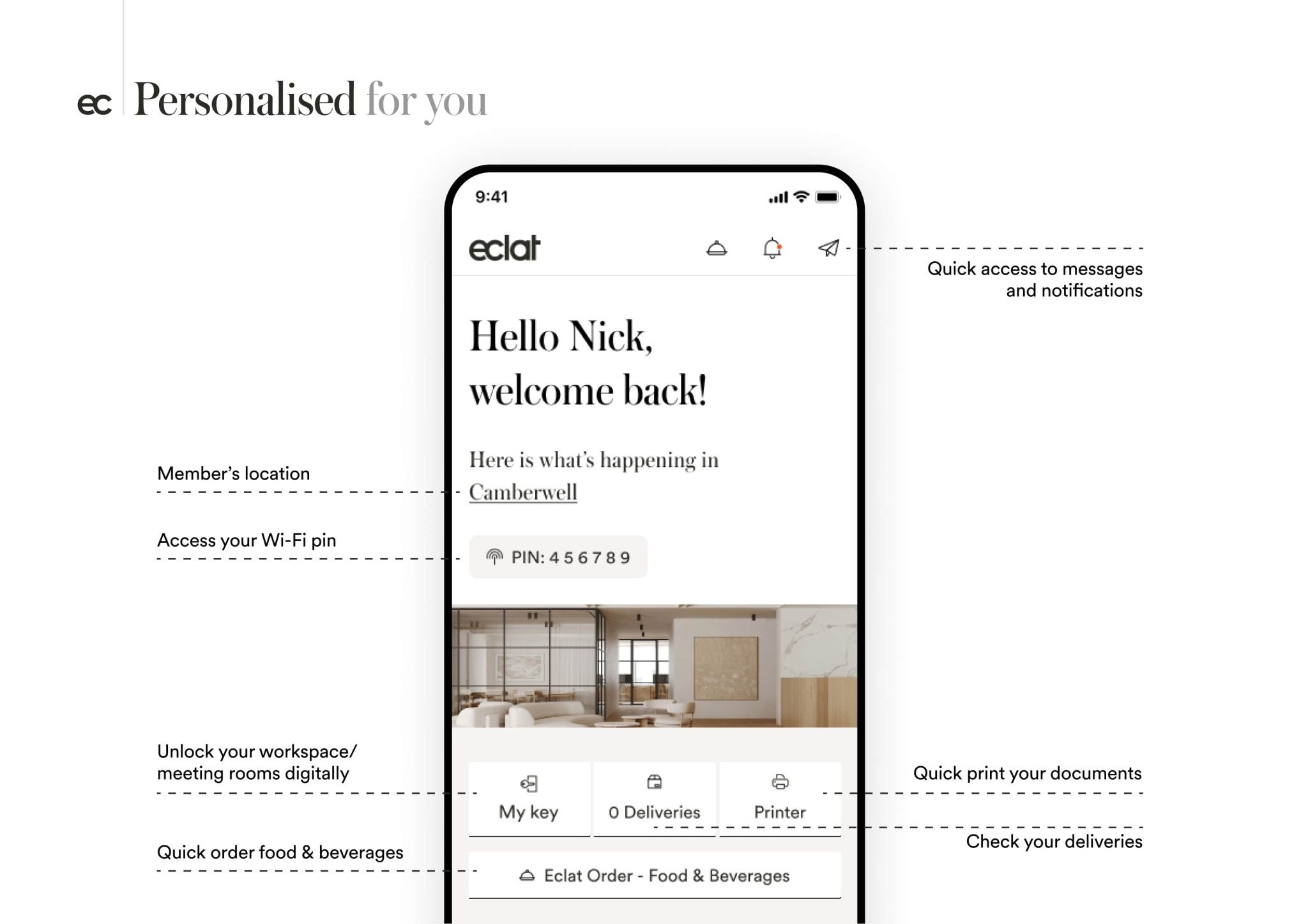 Eclat app home screen showing a personalised welcome, Wi-Fi PIN and quick-access buttons, labelled "Personalised for you"