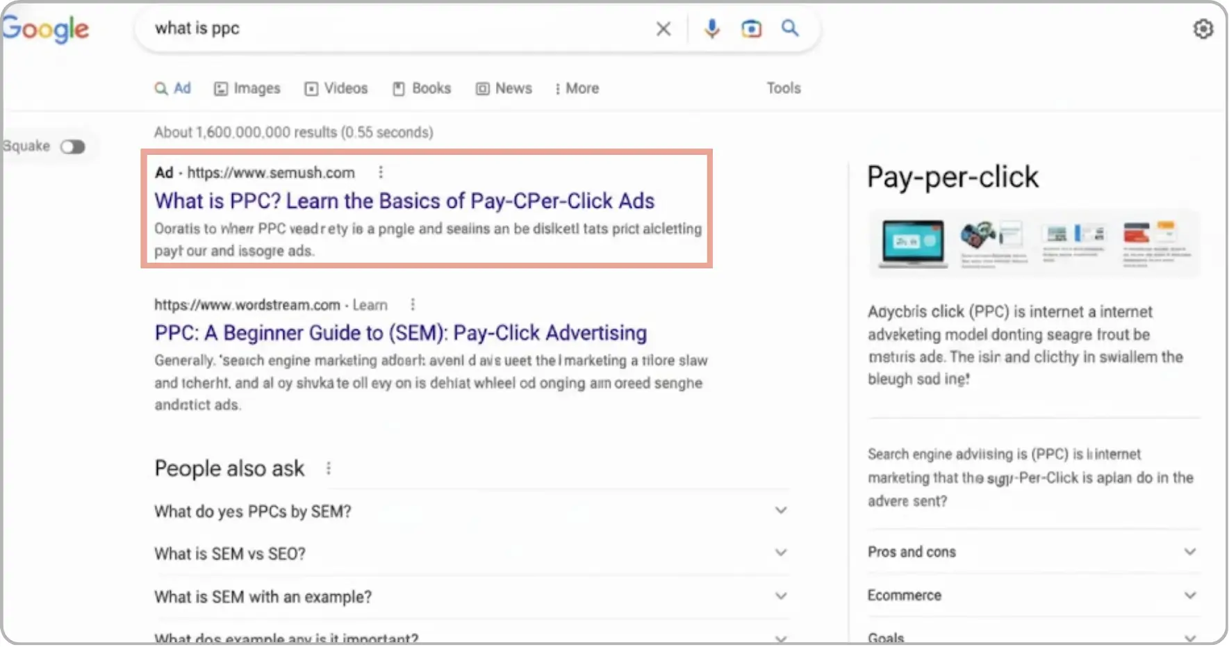 Google search results page for 'what is ppc' showing paid ad and organic listings