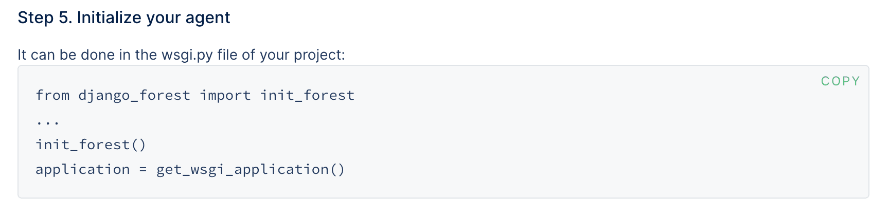 The fifth Forest Admin installation step of the Django data source.