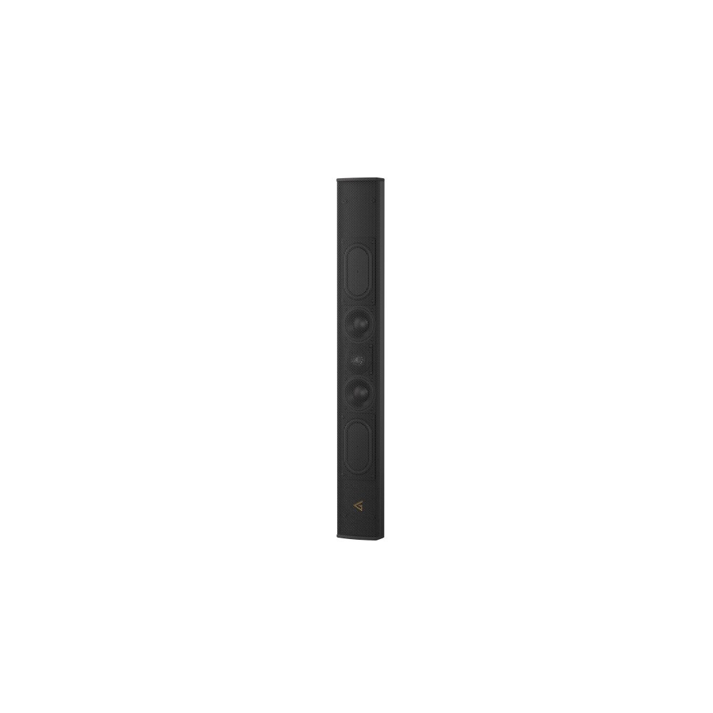 Black vertical speaker with multiple drivers.