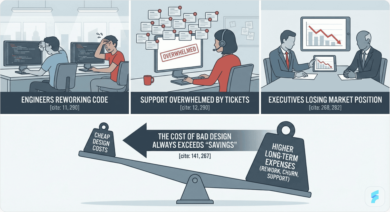 Visual showing a team spending time fixing UX issues, with engineers, customer service reps, and executives dealing with the fallout from budget design decisions.
