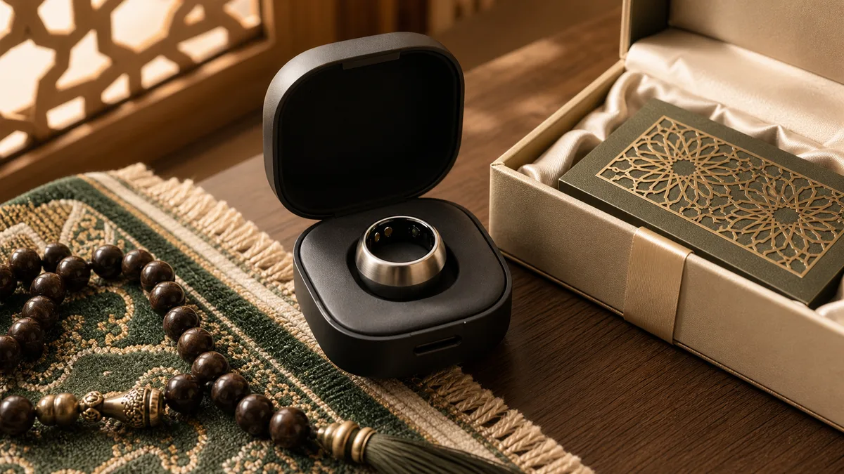 Smart tasbih ring in a charging case beside a gift box and prayer beads