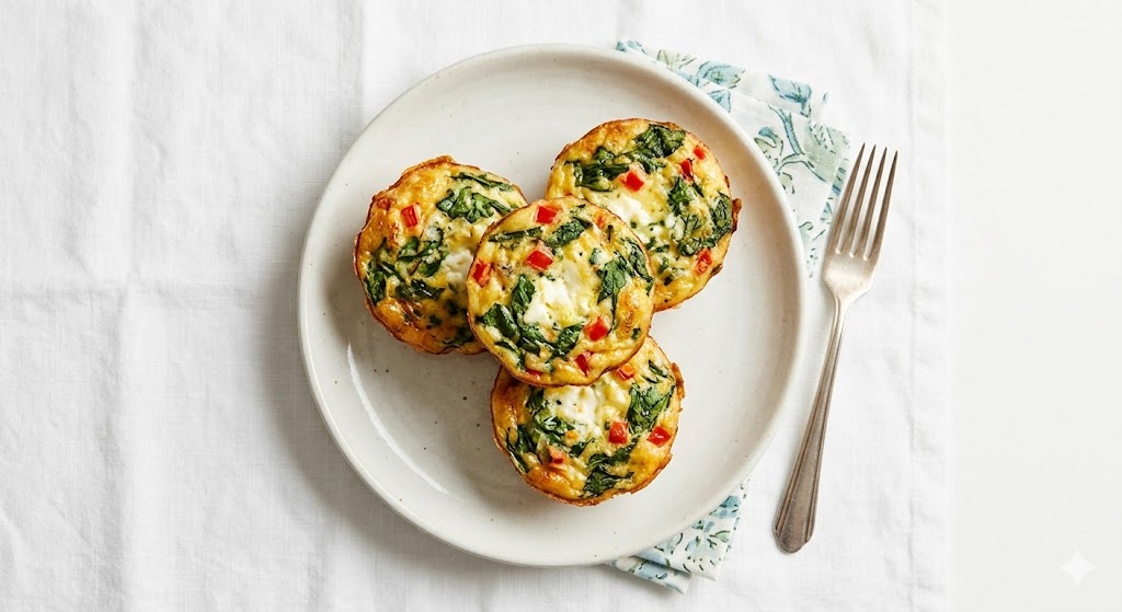 An overhead view of four baked egg muffins filled with spinach, red bell peppers, and feta cheese, served on a white plate with a fork and linen napkin.