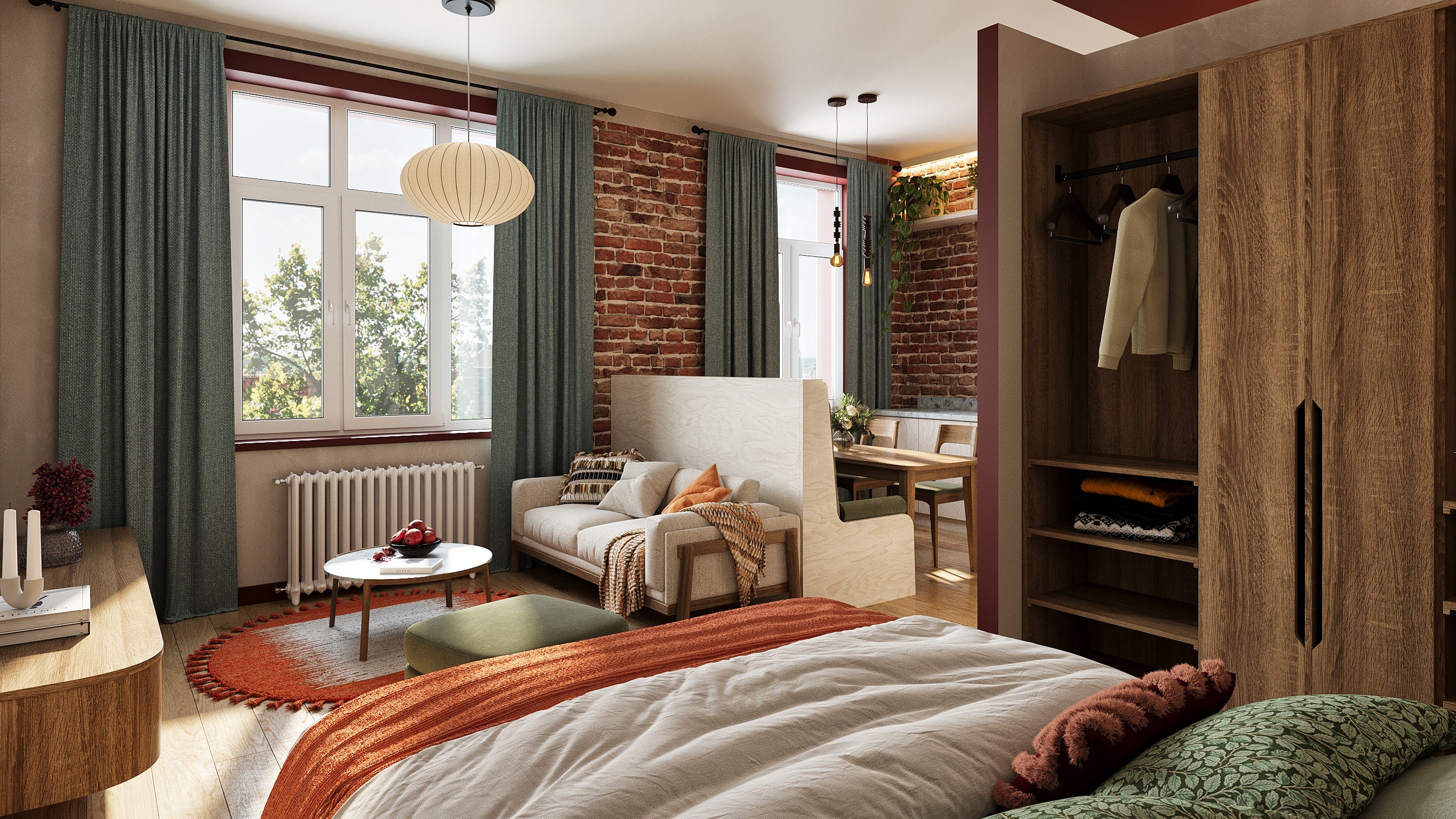 3D render of the Cohabs Brussels studio living and sleeping area viewed from the bed