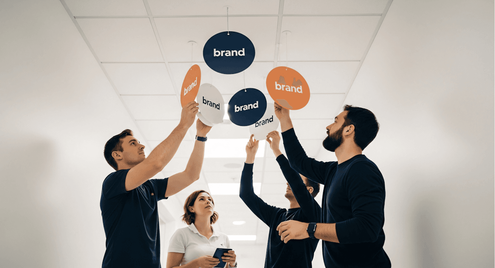 A creative team collaborating to hang circular signs with the word "brand" on them.