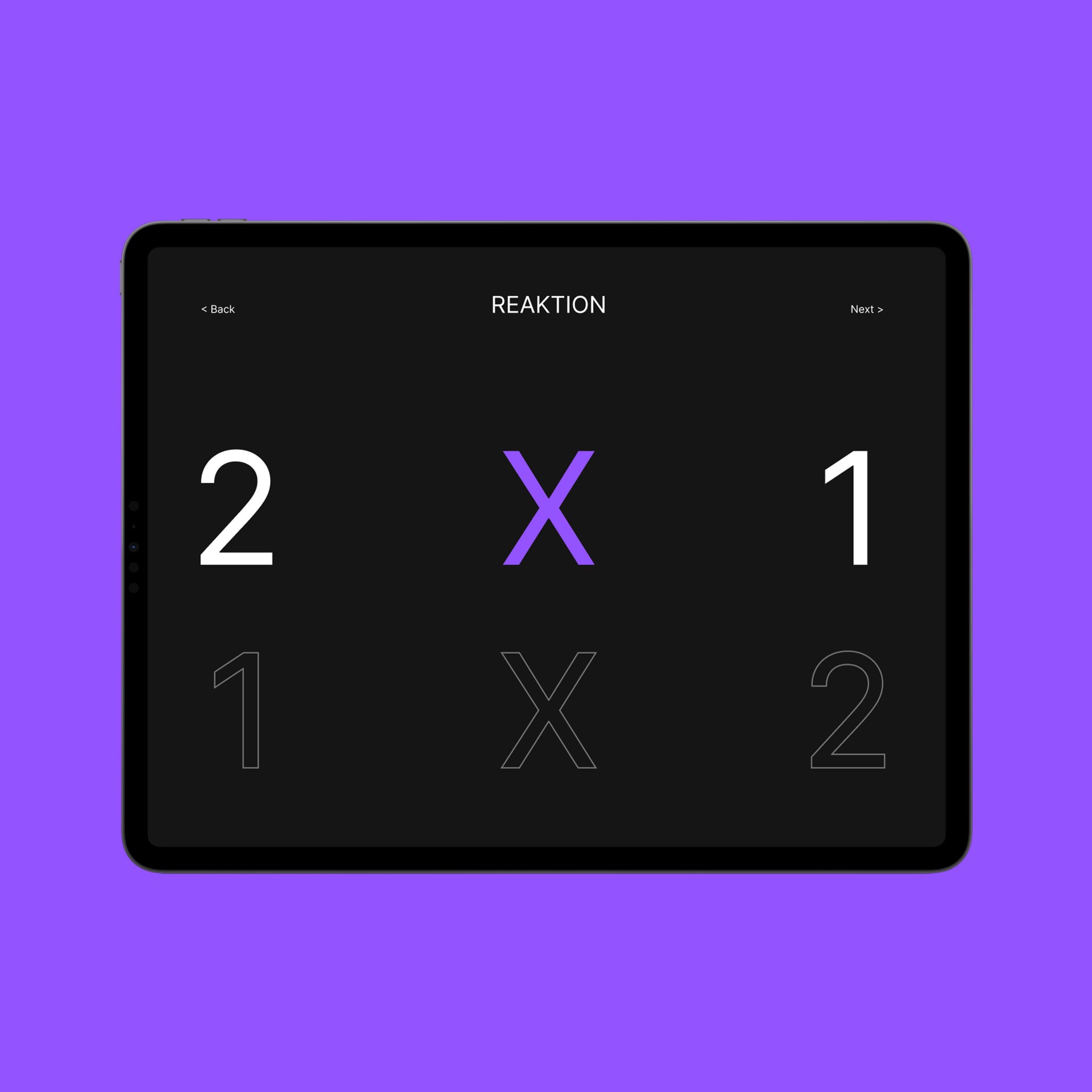 Tablet screen: Cognitive training app shows '2 x 1' problem on black background, with 'Back' and 'Next' buttons. Vibrant purple background.