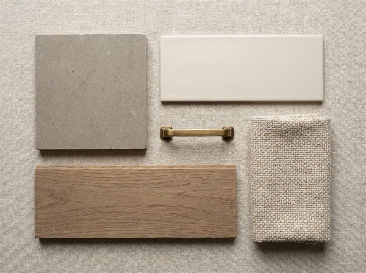 Paleta de materiales de diseño de interiores para un proyecto residencial en Mérida — azulejos, acabados y herrajes