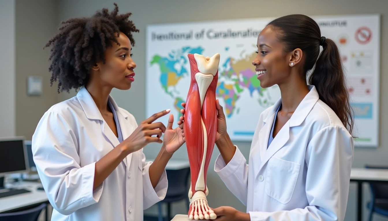 Two people looking at each other with an artefact of a leg in between them.