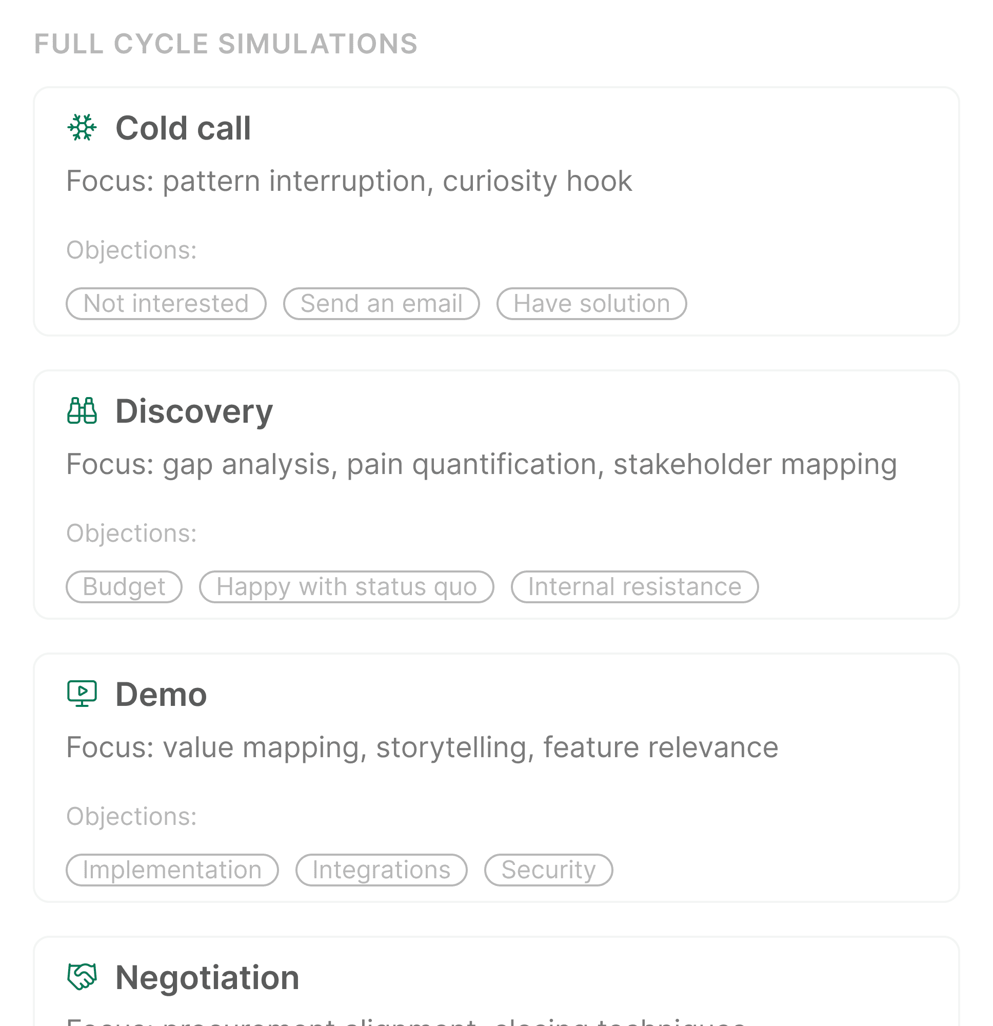AI sales role-play categories for cold calling, discovery, and demos with practice focus areas and objections.