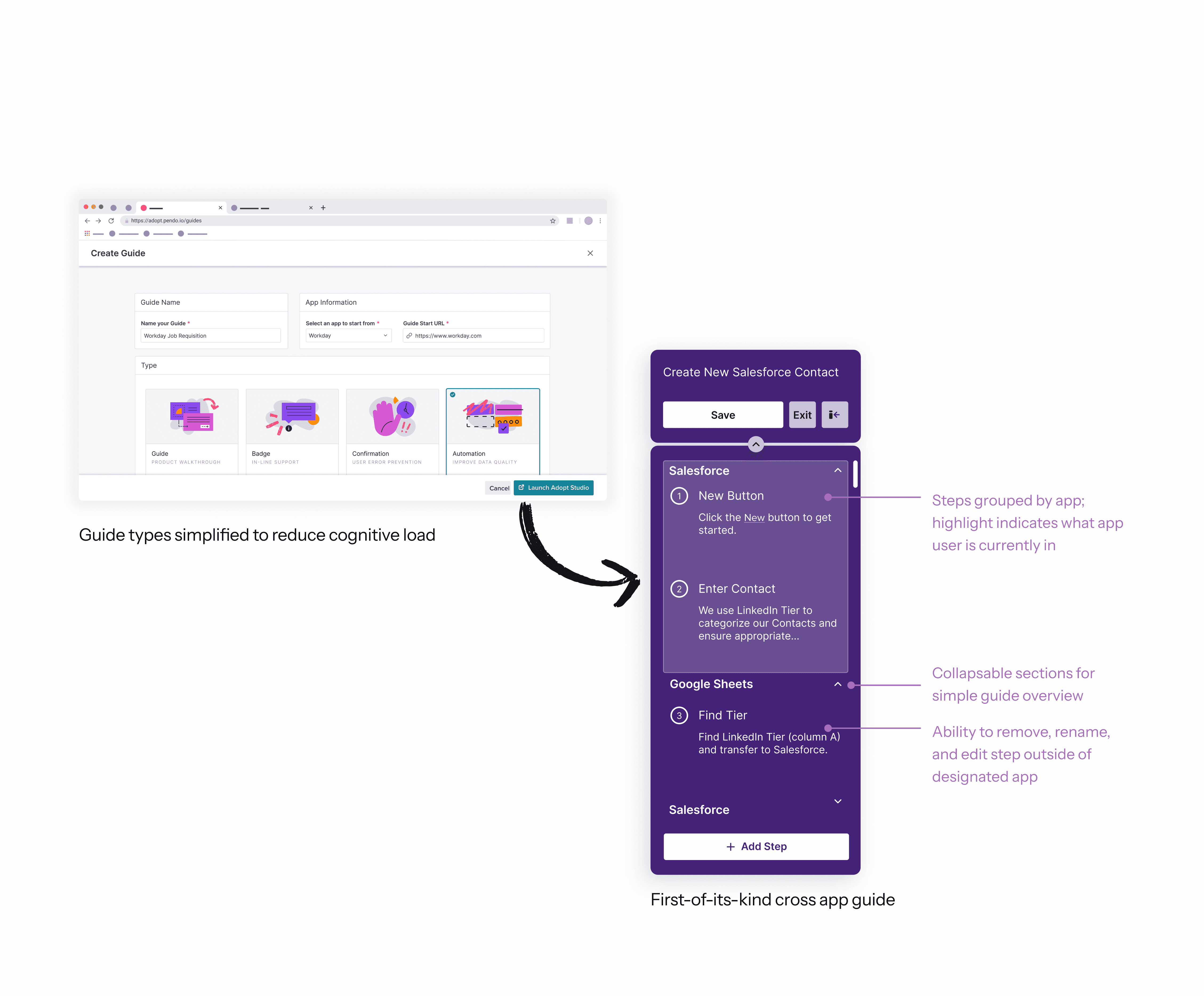 A screenshot of a guide creation drawer with an arrow pointing to a screenshot of the Adopt Studio overlay