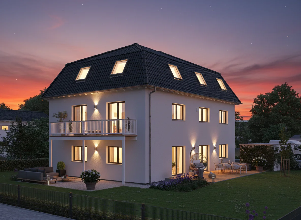 Modernes zweistöckiges Haus mit Mansarddach, Balkon und Terrasse im Abendlicht.