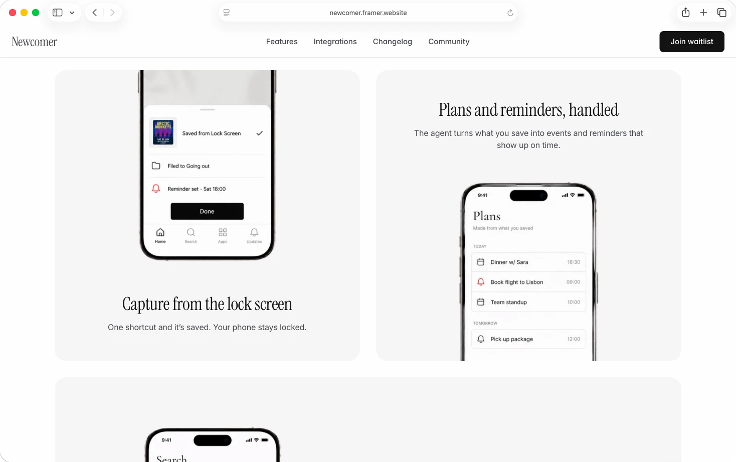 Funktionssektion i Newcomer-mallen som visar hur man sparar från låsskärmen och får påminnelser skapade av det man sparat.